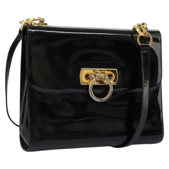Salvatore Ferragamo Gancini Shoulder Bag Enamel Black Gold Auth 112878 - Picture 1 of 16